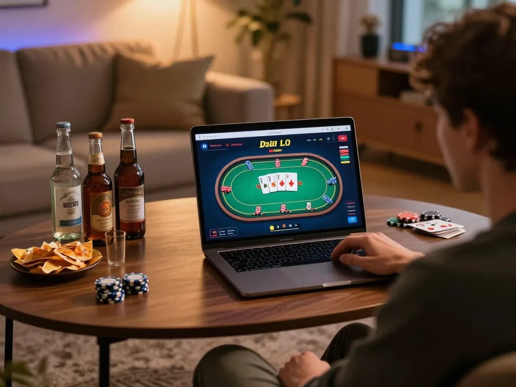 Engaged player at king33 online casino enjoying a strategic poker game on laptop
