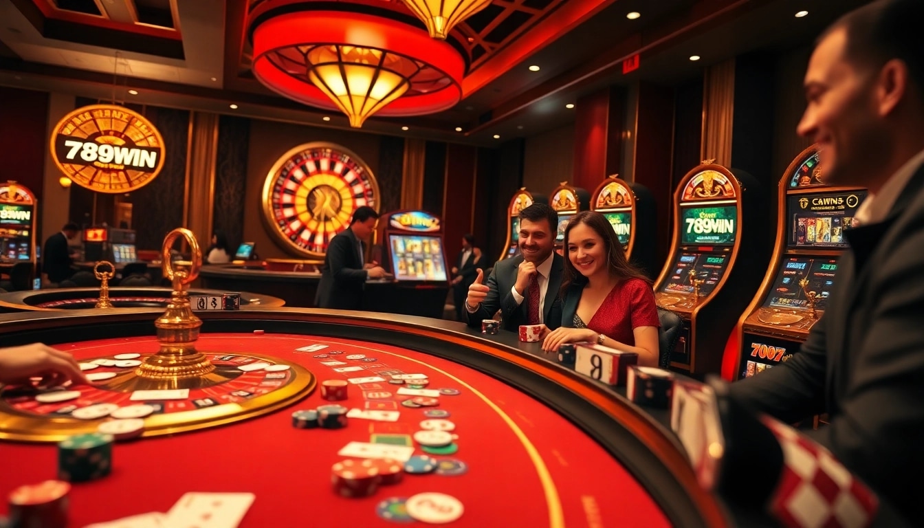Feel the thrill of winning at 789WIN in a luxurious casino setting with vibrant tables and lively players.
