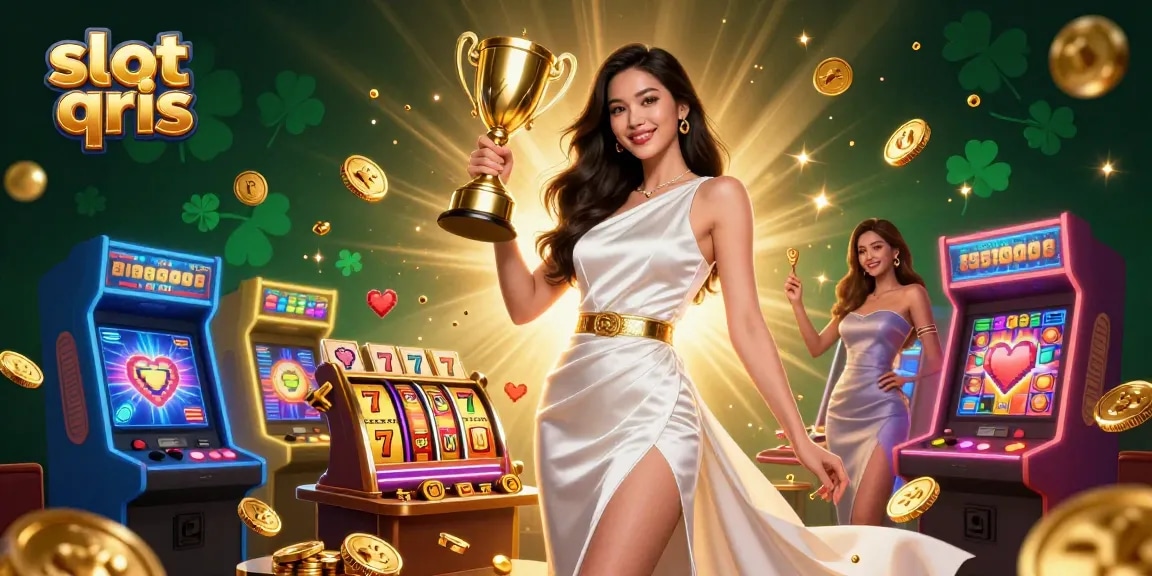 Experience thrilling gameplay with slot qris, featuring an Asian woman celebrating victory with a trophy amid vibrant slot elements.