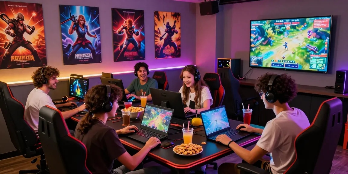 Nsfw Games gameplay with friends in a vibrant gaming lounge, showcasing diverse characters and a lively atmosphere.