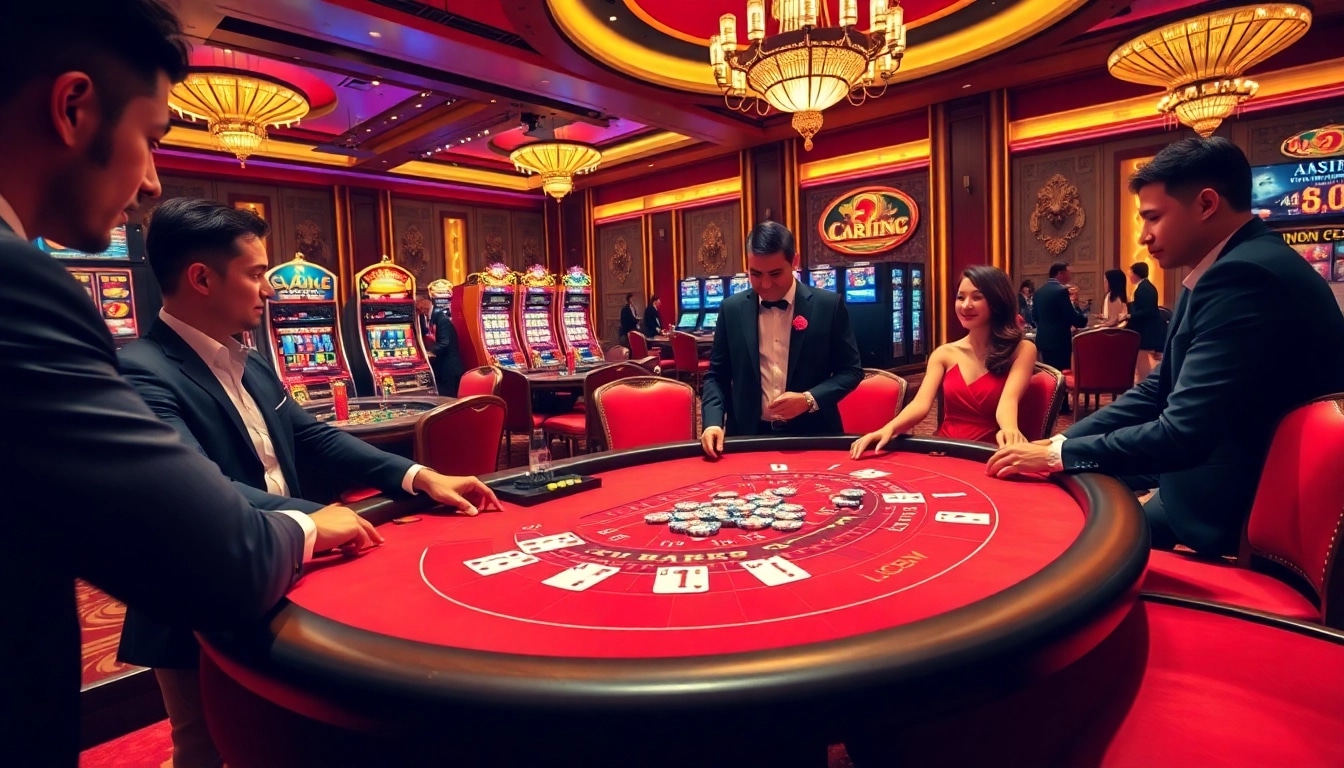 Players enjoy a baccarat game at lc88, surrounded by vibrant casino elements and luxury decor.