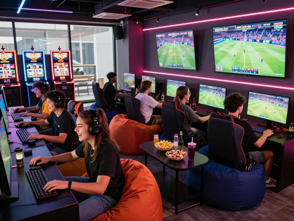 Exciting gaming scene at 79KING with friends enjoying dynamic sports and slot games at modern gaming stations.
