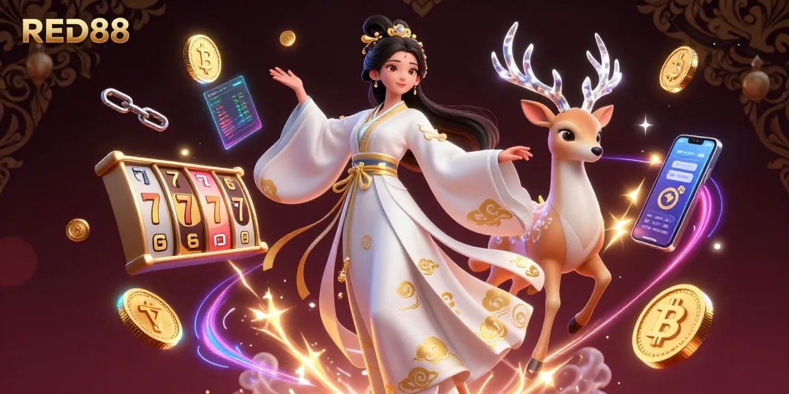 Spin the reels and win at RED88's exciting casino with vibrant characters and crypto elements.