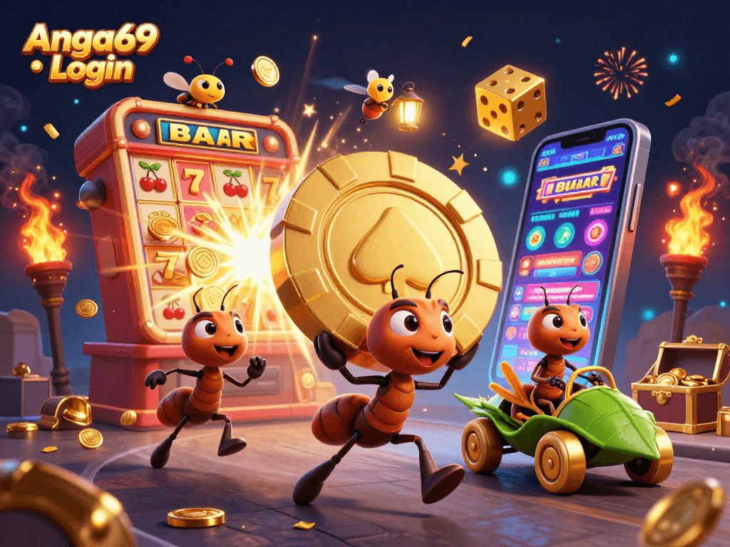 Engage with Angka69 Login by exploring a thrilling casino adventure with cartoon ants stealing a golden poker chip.