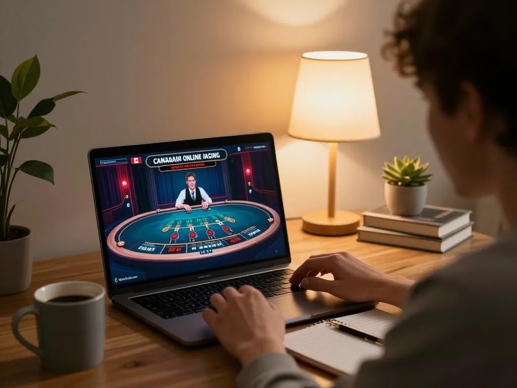 Engaging in Canadian online casinos, playing live dealer blackjack on a laptop in a cozy home setting.