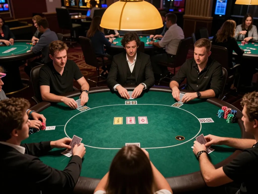 Engaging poker game action at GO88, showcasing players involved in strategic play with vibrant chips and cards.