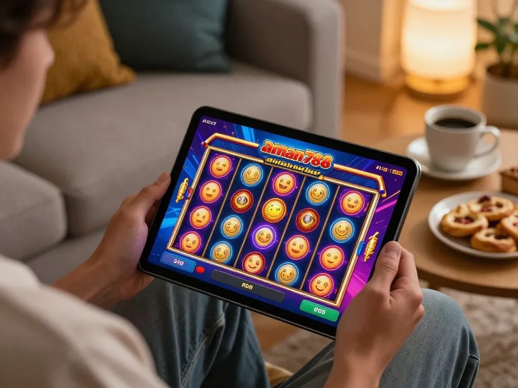 Terlibat dalam permainan aman788 slot gacor di tablet dalam pengaturan rumah yang nyaman dengan camilan dan kopi.