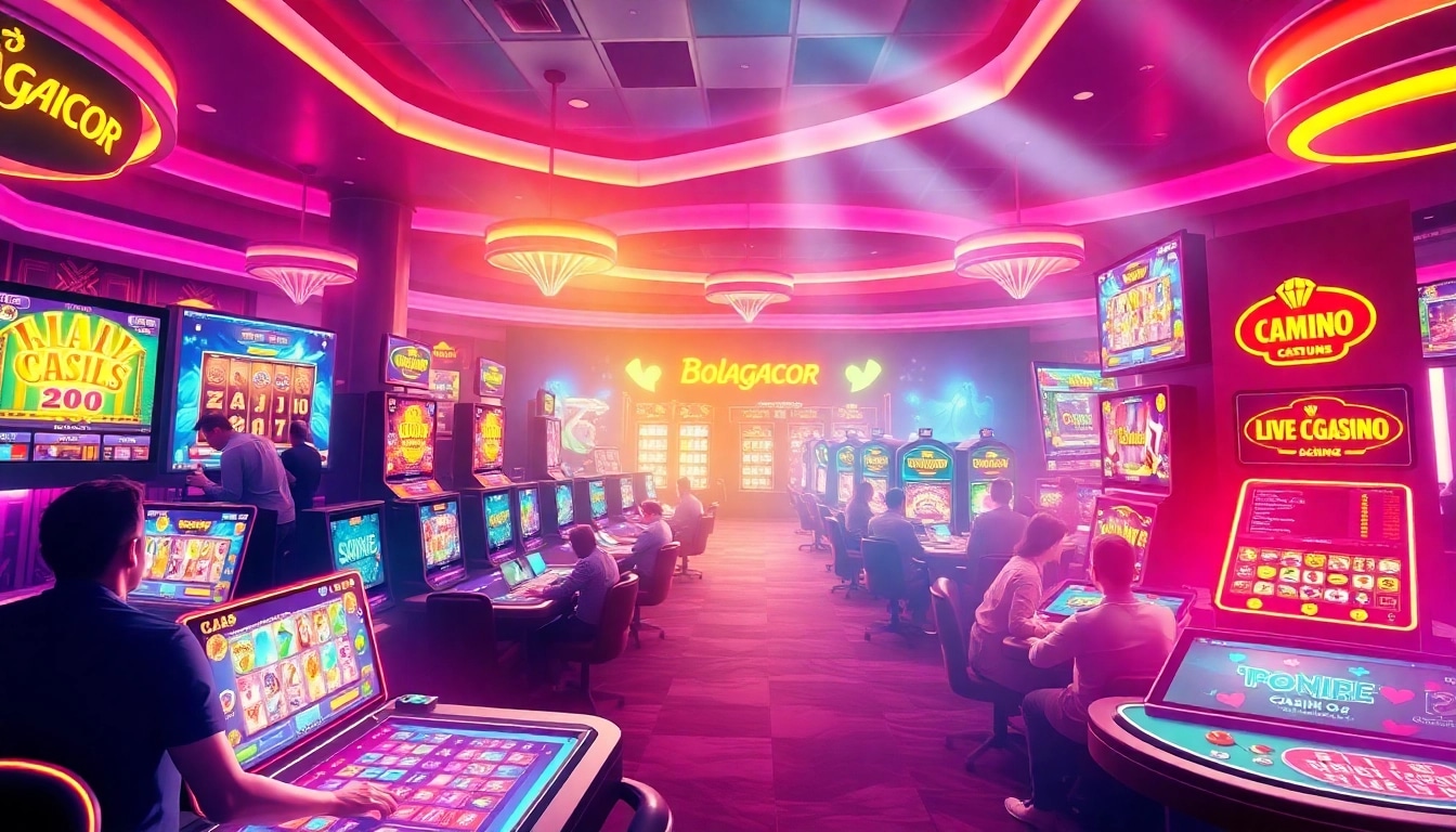 Bolagacor online gambling scene featuring lively players and vibrant casino games.