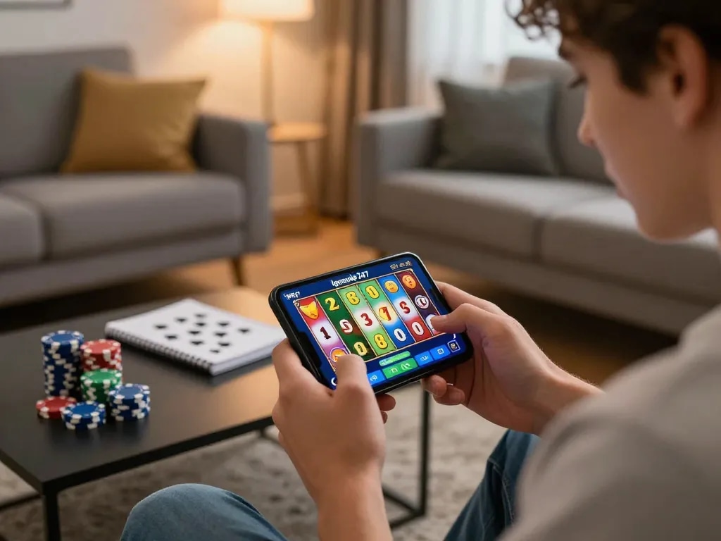 Experience the excitement of the Igamble247 Slot game on a smartphone as a player spins the reels in a cozy living room.