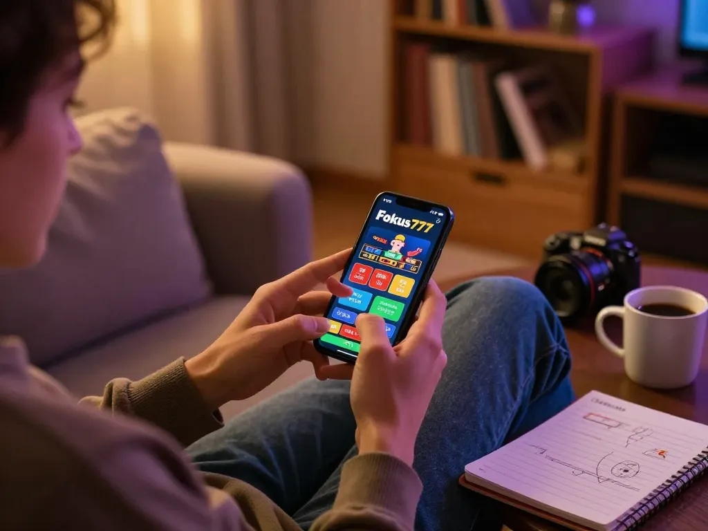 Engage with Fokus777 on your smartphone, enjoying strategic online gambling from a cozy home.