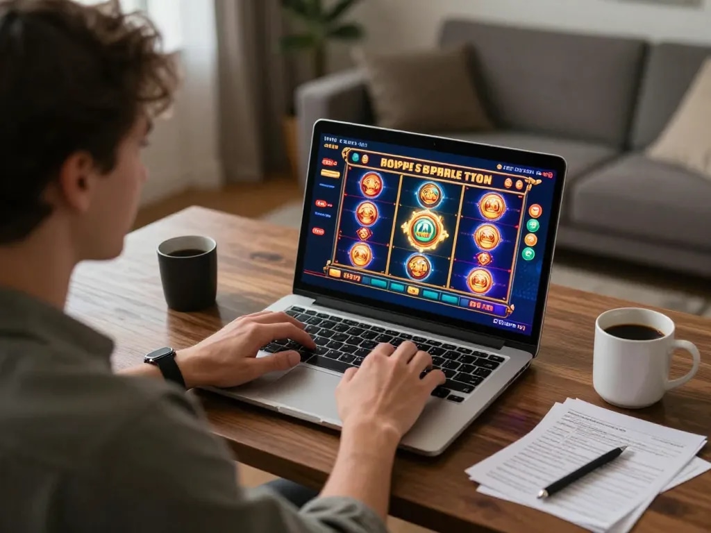 Player engaging with 789F online slots at home in a cozy gaming setup.