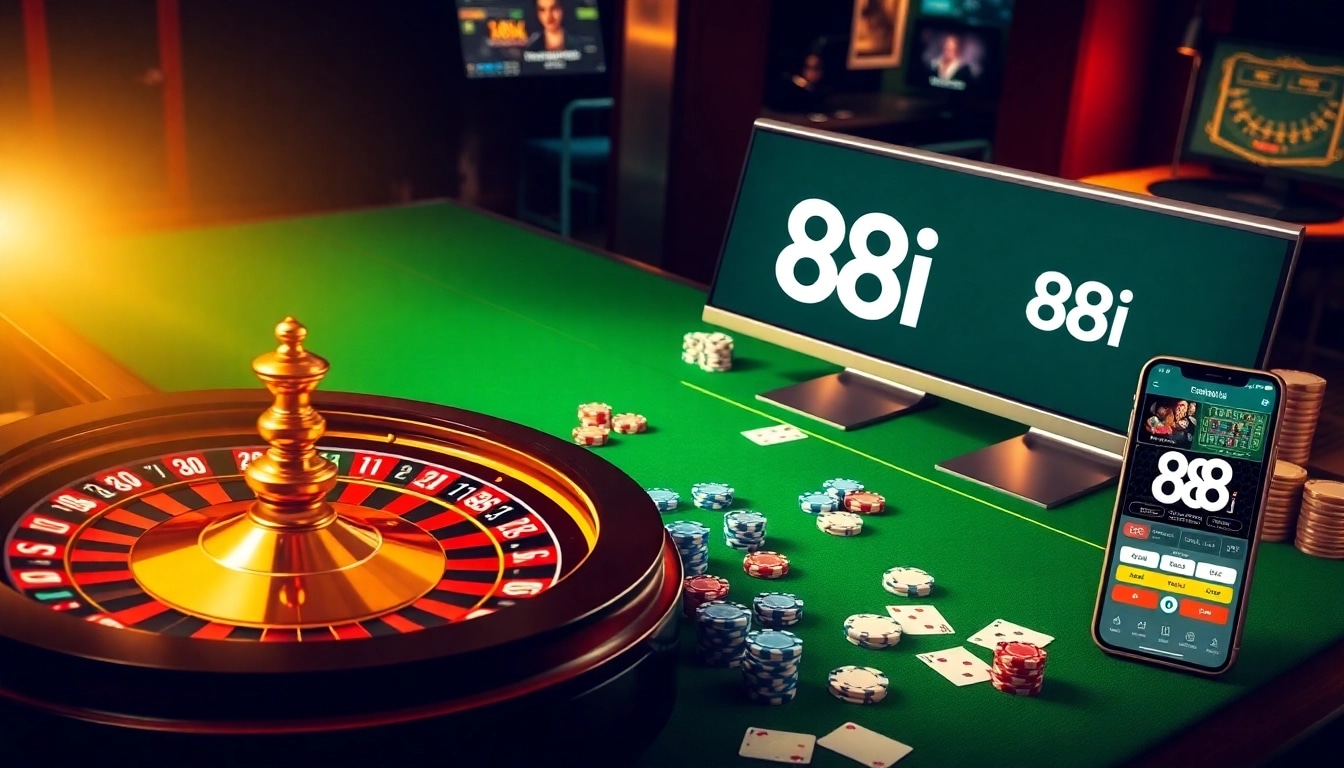 Experience the thrill of casino gaming with 88i, featuring vibrant tables, chips, and a roulette wheel.