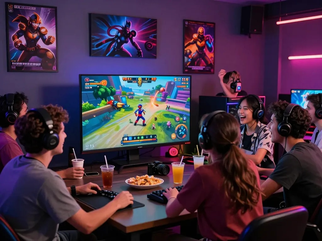 Friends enjoying porngames on a large screen in a vibrant gaming room.