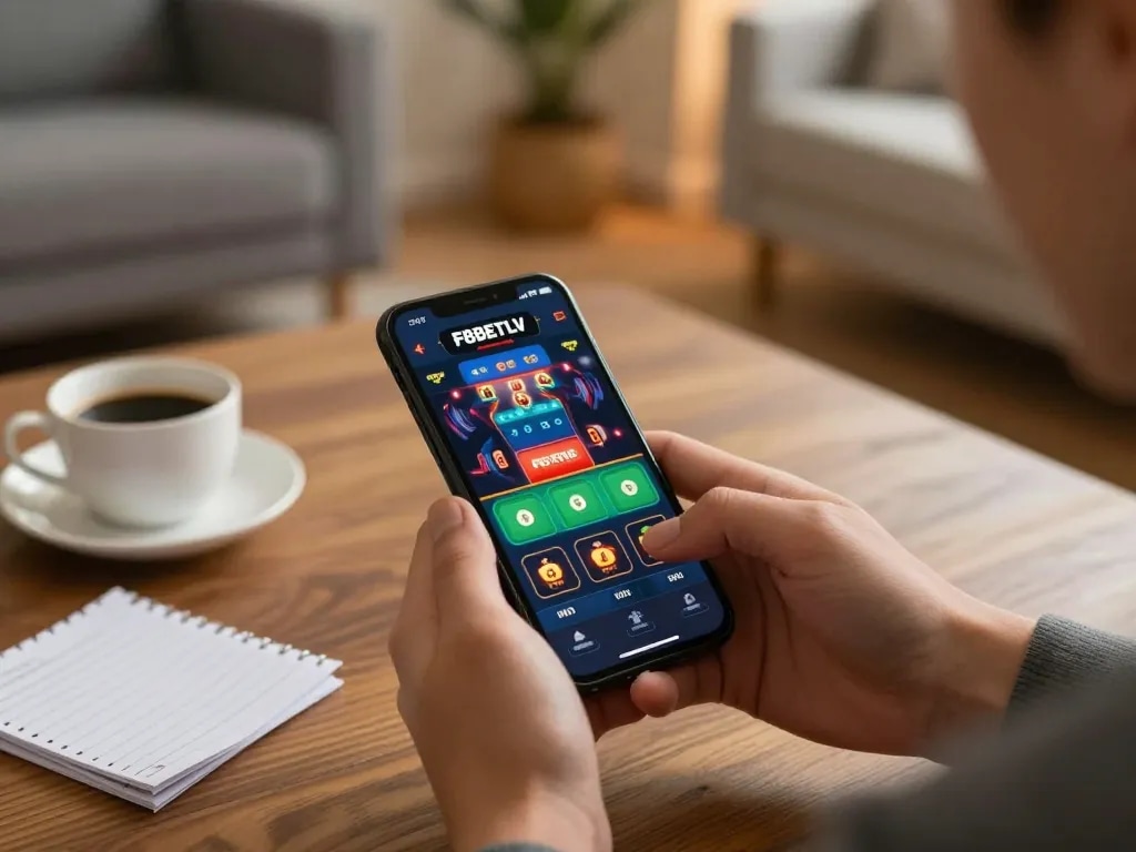 Engaging with the F8BETLV casino app on smartphone in a cozy home setting while enjoying responsible gaming.