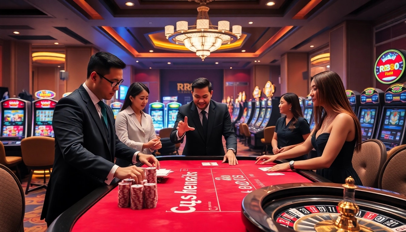 Players enjoying a thrilling game at the RR88 casino table with vibrant poker chips and cards.