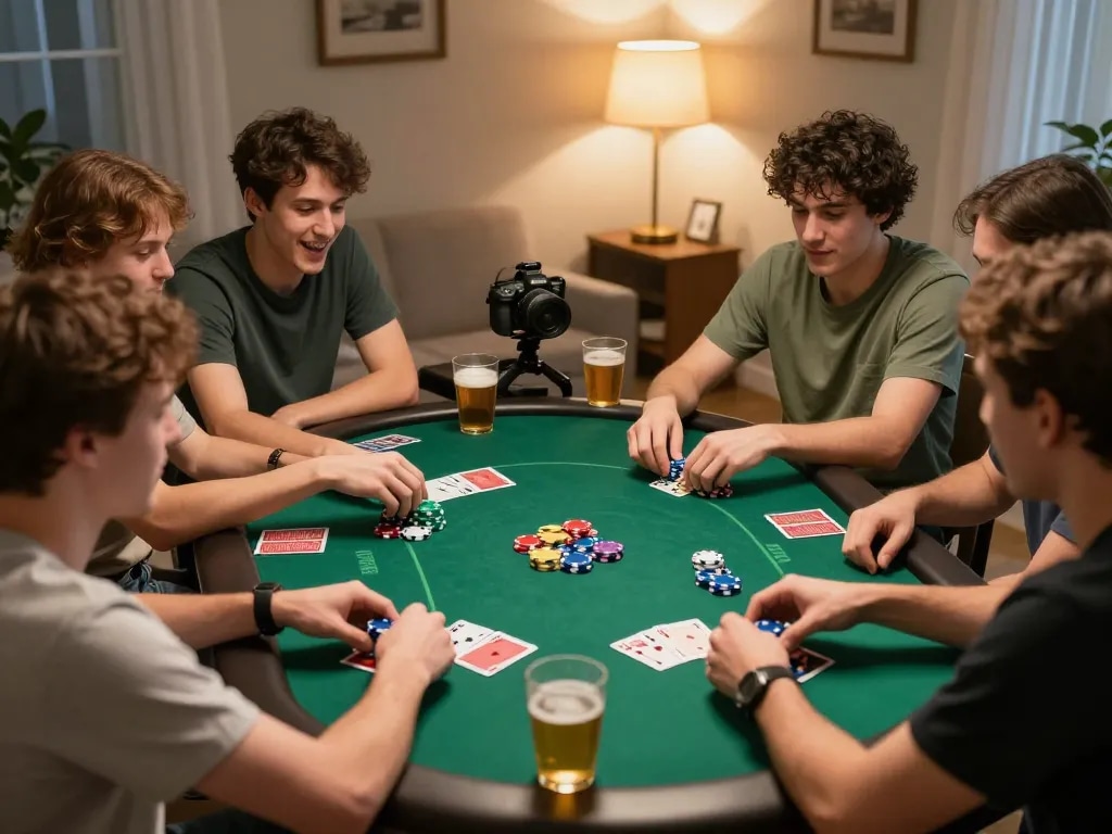 Players engaging in a competitive poker game at home while enjoying drinks and snacks, showcasing king33 excitement.