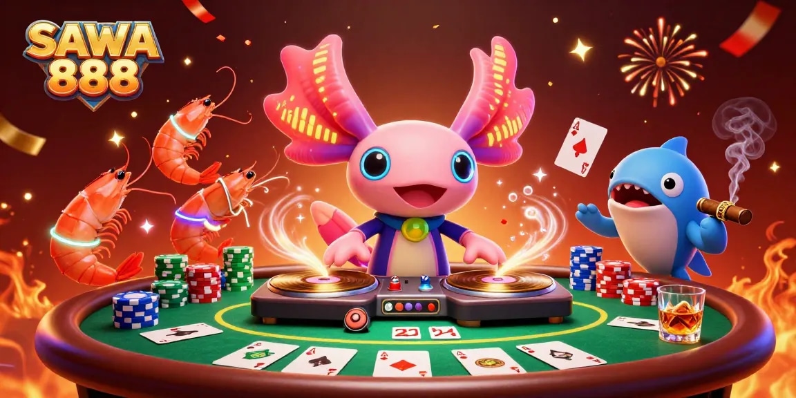 Engage in thrilling gameplay at SAWA 888, featuring vibrant characters in a lively casino scene.