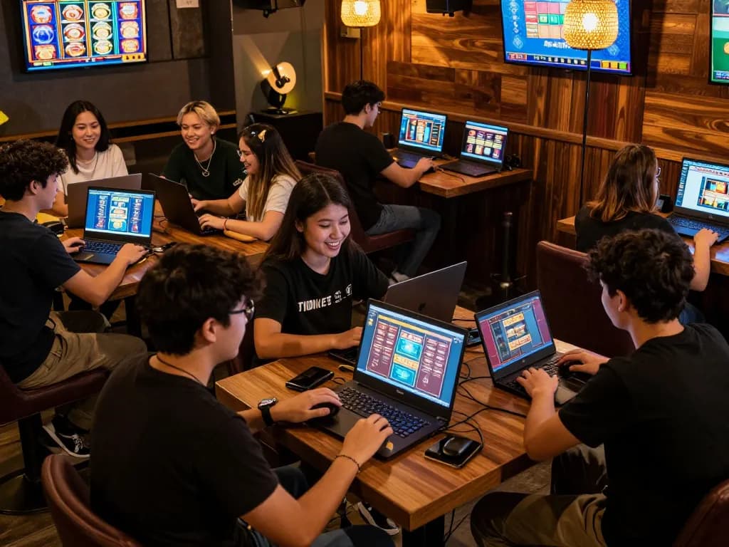 Engaging gaming scene at a café featuring patrons playing Sun win casino games on their devices.