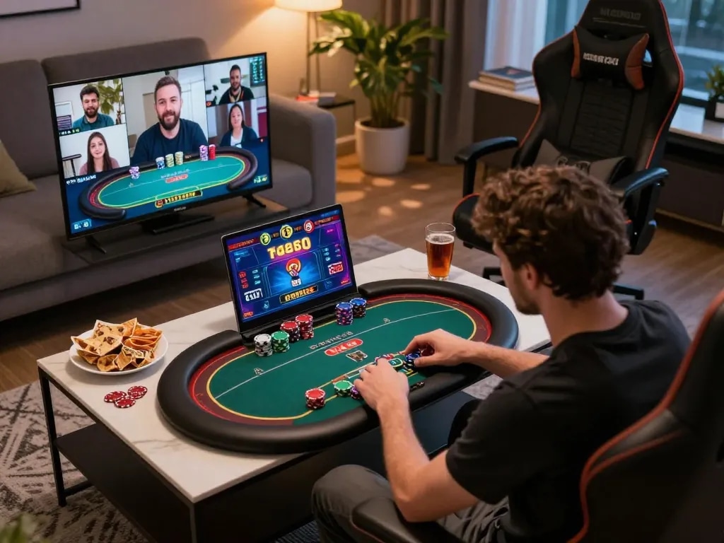 Player engaged in tg88 online casino gameplay in modern living room, showcasing poker excitement and responsible gambling