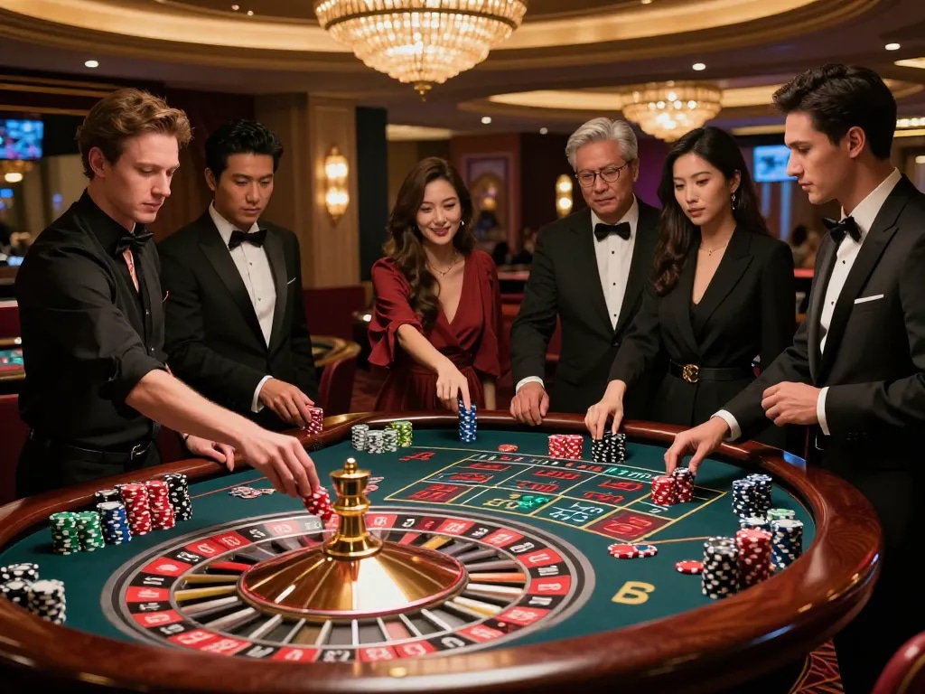 F8BET players engaging in an exciting roulette game, with a dealer spinning the wheel and vibrant chips on the table.