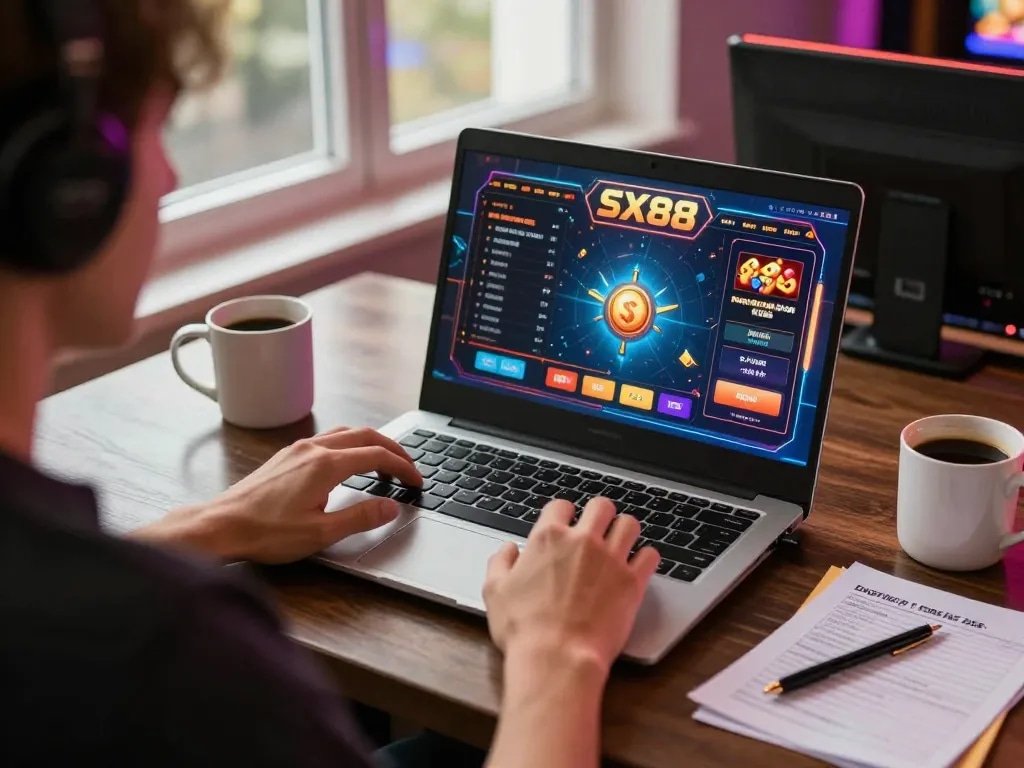SX88 online gaming session featuring an engaging player, vibrant interface, and strategic notes.