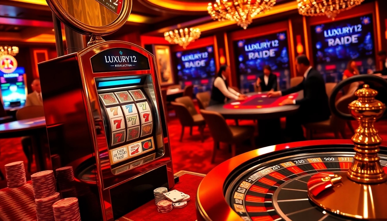 Experience the excitement of luxury12 at a sophisticated casino with vibrant slot machines and gaming tables.
