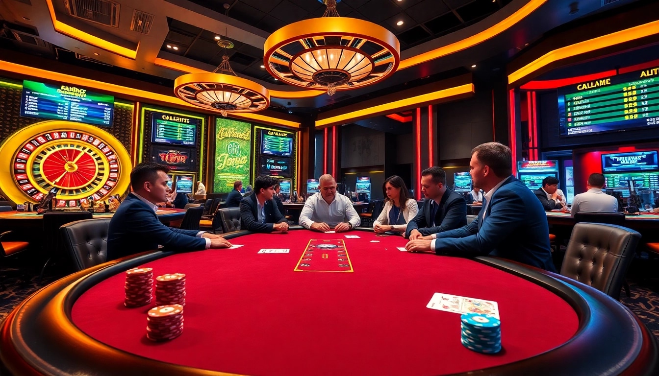 Players strategizing at a poker table in an upscale casino setting at https://f8bet.me.uk/ for an exciting gaming experience.