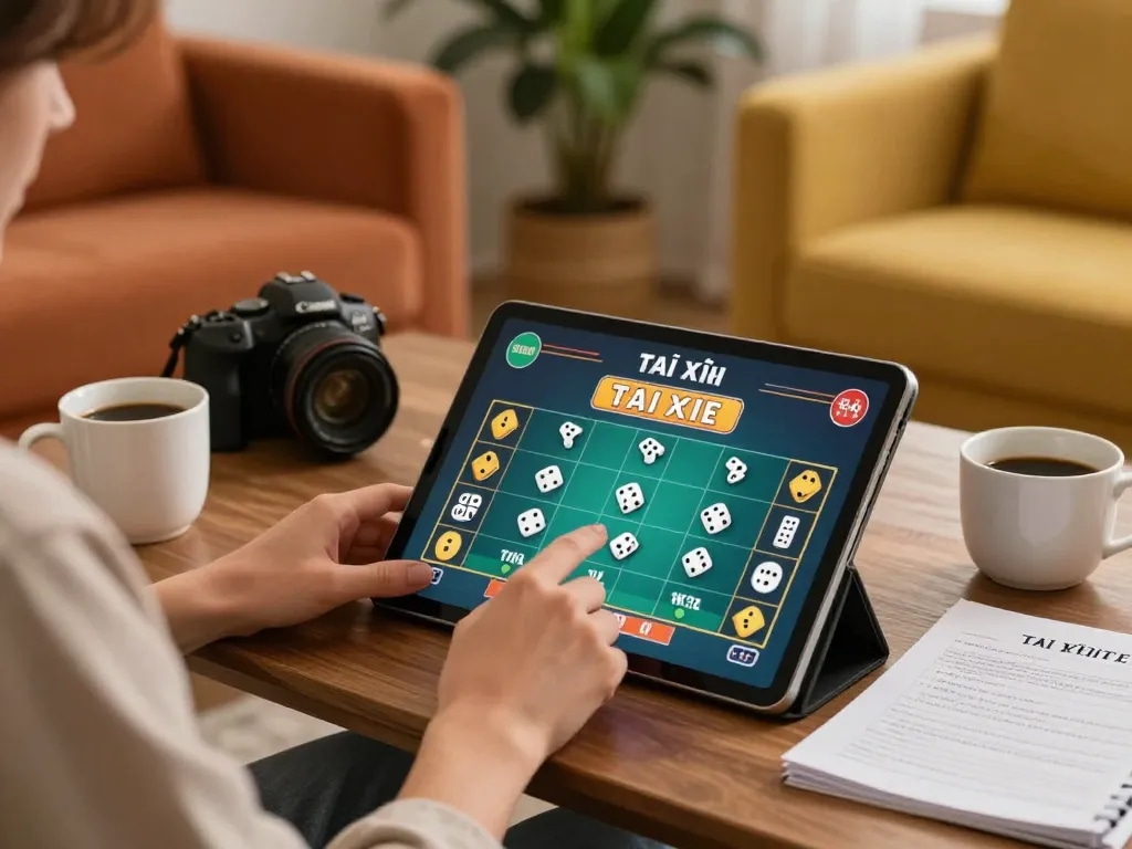 Tài xỉu online gameplay interaction on tablet in a cozy home, showcasing vibrant atmosphere and strategy notes.