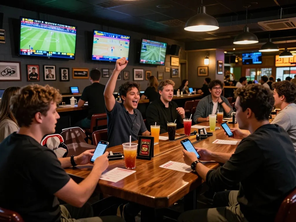 Kèo nhà cái 5 users excitedly placing bets on their smartphones in a vibrant sports bar atmosphere