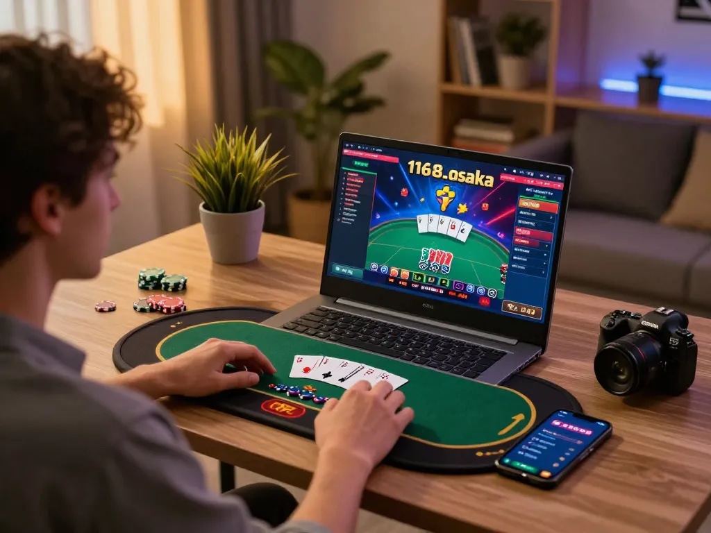 Engaging with f168.osaka poker game on a modern home gaming setup, highlighting strategic gameplay and comfortable atmosphere