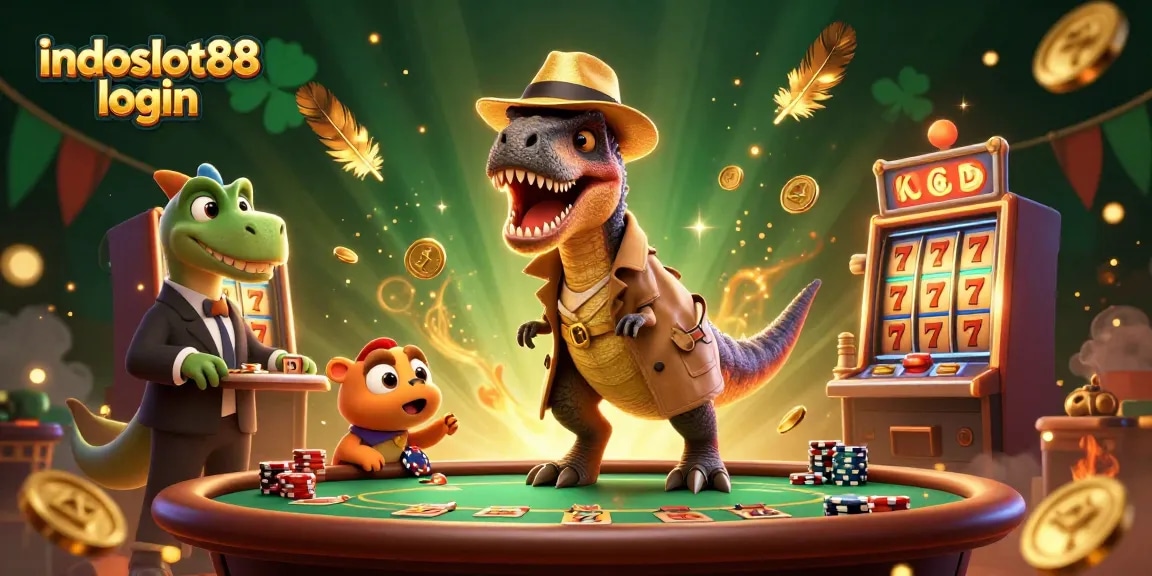 Join the excitement with indoslot88 login at the casino, featuring a velociraptor card counter and thrilling gambling action.