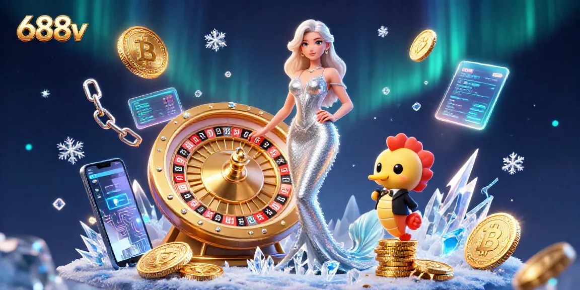 Experience the thrill of winning at 688v with a dazzling roulette scene surrounded by crypto elements.