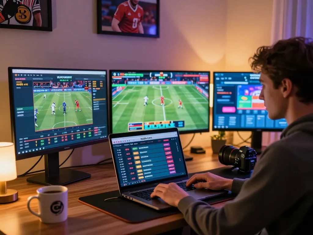 Engaging in online sports betting on DA88 com with multiple screens showing live odds and events.