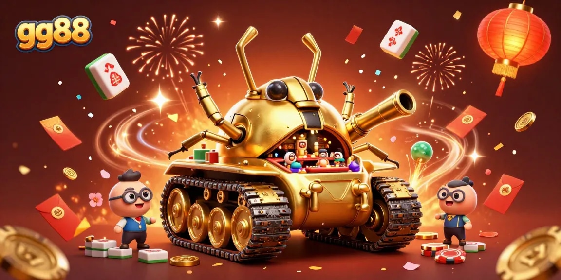 Experience thrilling gameplay with gg88's vibrant casino illustrated scene featuring a unique golden beetle tank.