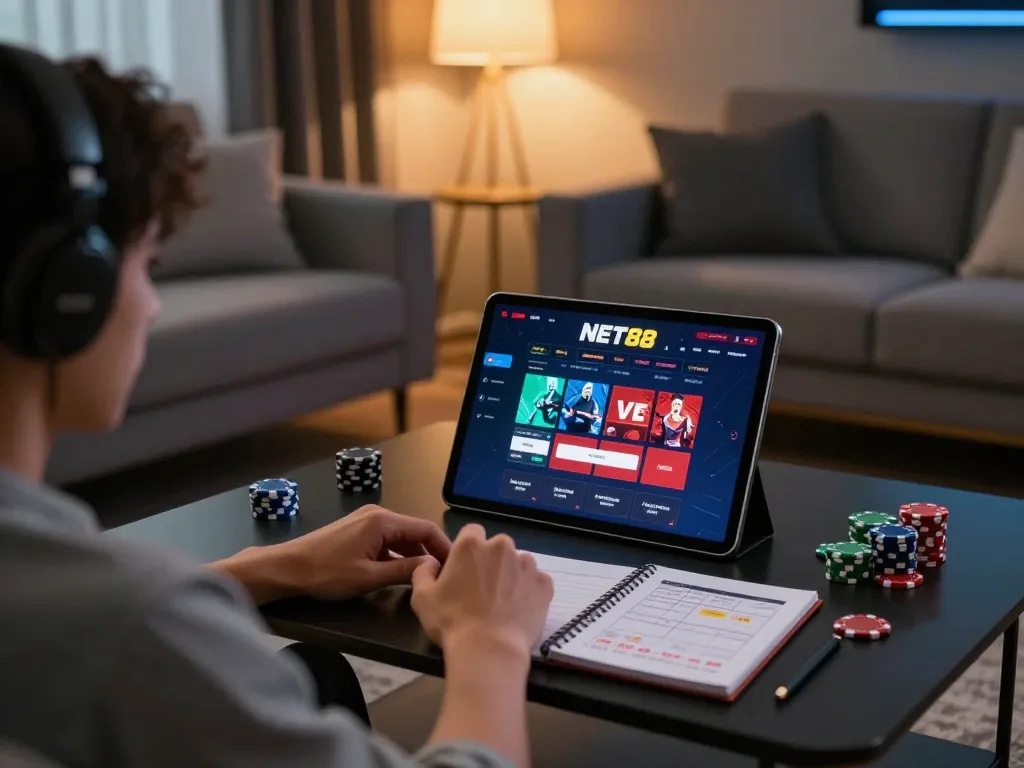 Engaged player using NET88 app for online casino gaming, showcasing strategic betting.