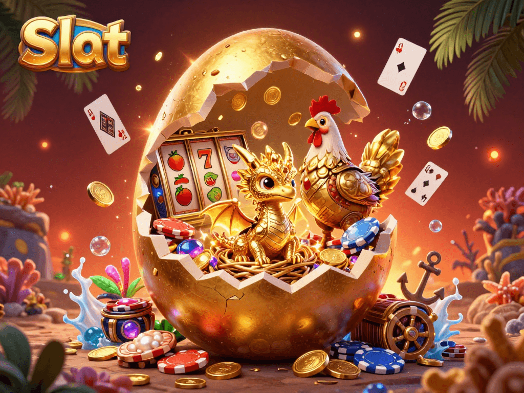 Spin the Slot reels with a golden dragon in a whimsical casino scene full of vibrant treasures.