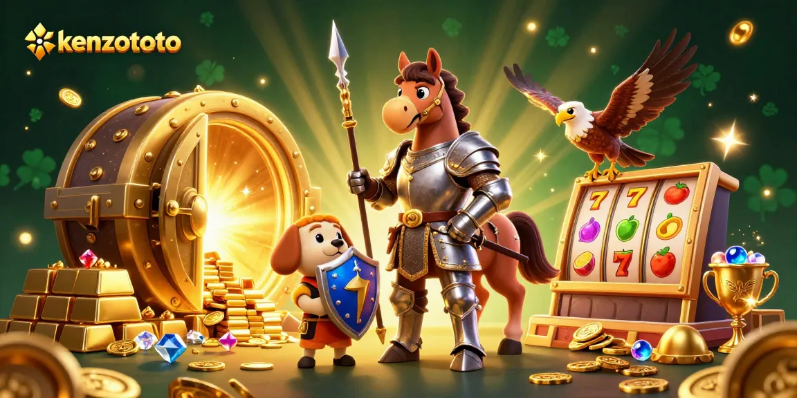 Kenzototo engages players with an exciting 3D scene featuring a knight, squire puppy, and treasures.