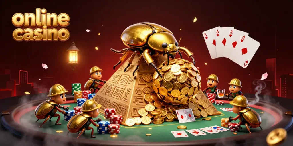 Online casino scene with colorful poker elements and golden beetle characters in action.