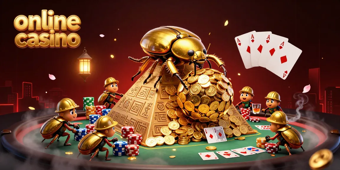 Online casino scene with colorful poker elements and golden beetle characters in action.