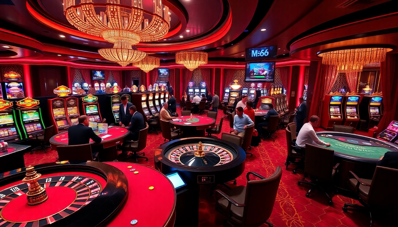 Dive into the exciting world of MB66 with vibrant casino scenes featuring poker tables and slot machines.