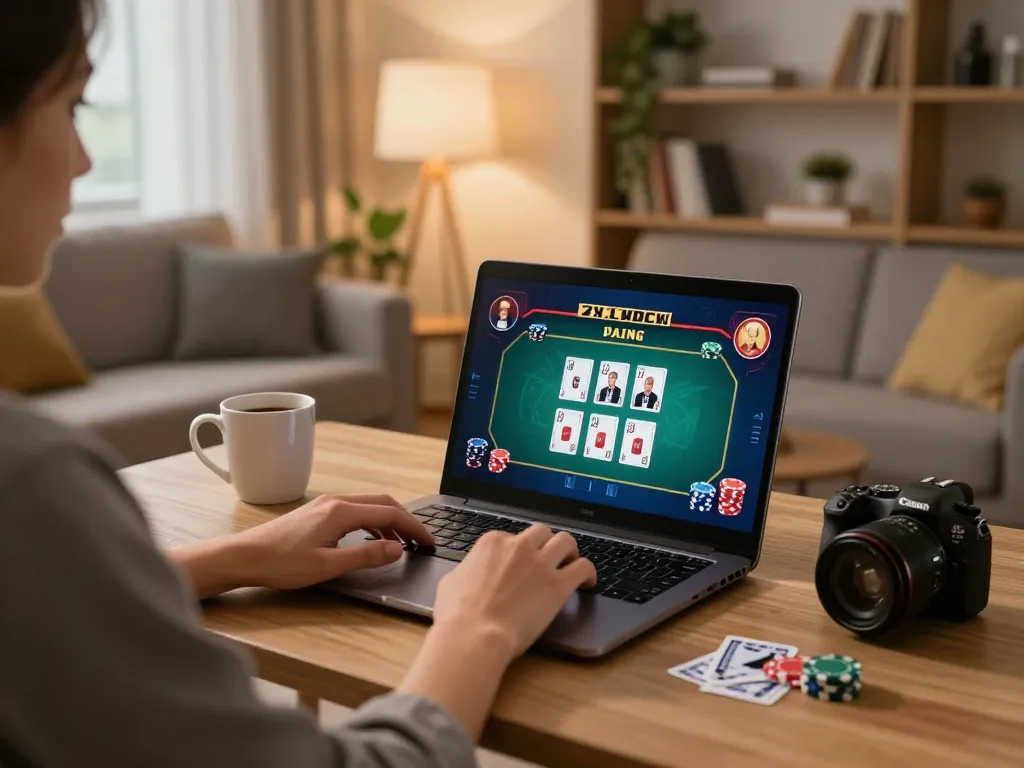 nk88 player engaging in online casino gaming at home, showcasing strategic gameplay on laptop.