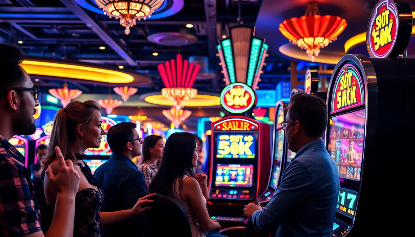 Menampilkan pemain yang bersemangat di slot 5k dalam suasana kasino yang cerah dan ramai.