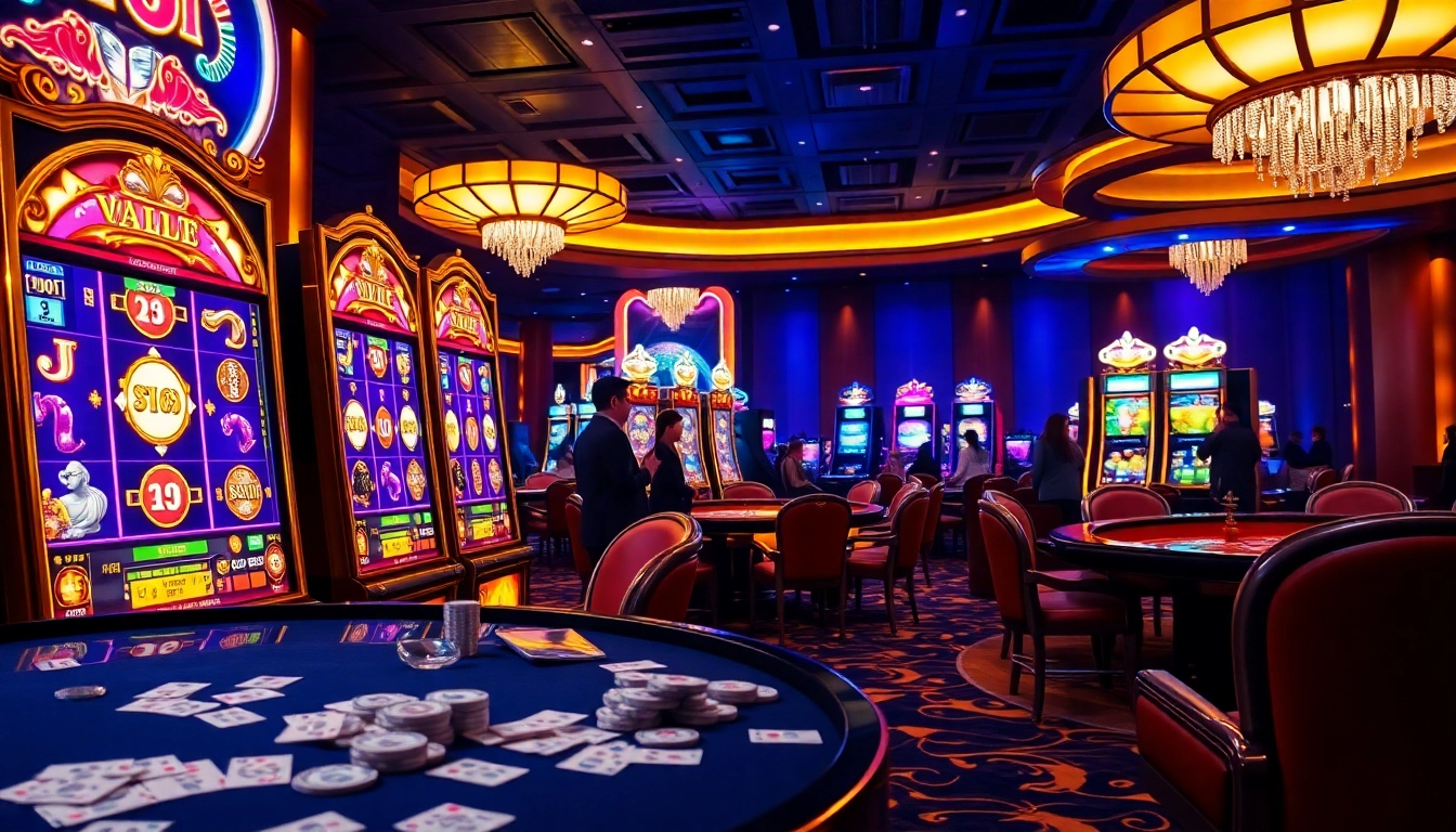 Experience the thrilling atmosphere of bro138 as players engage with luxurious slot machines and vibrant casino games.