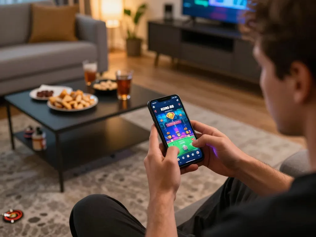 KONG 88 app showcased on a smartphone during an intense online gaming session with snacks.