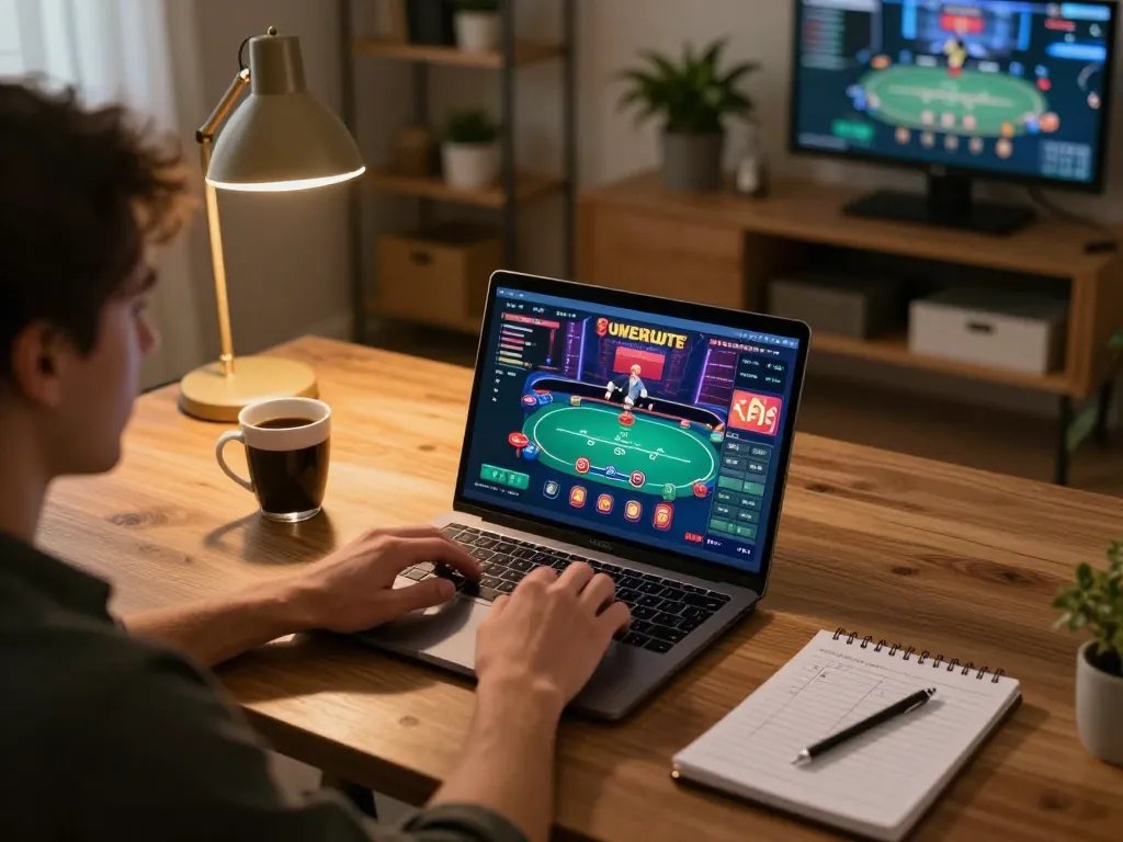 Player engaging in poker at home with laptop, reflecting the lsa online gambling experience, showcasing strategic gameplay