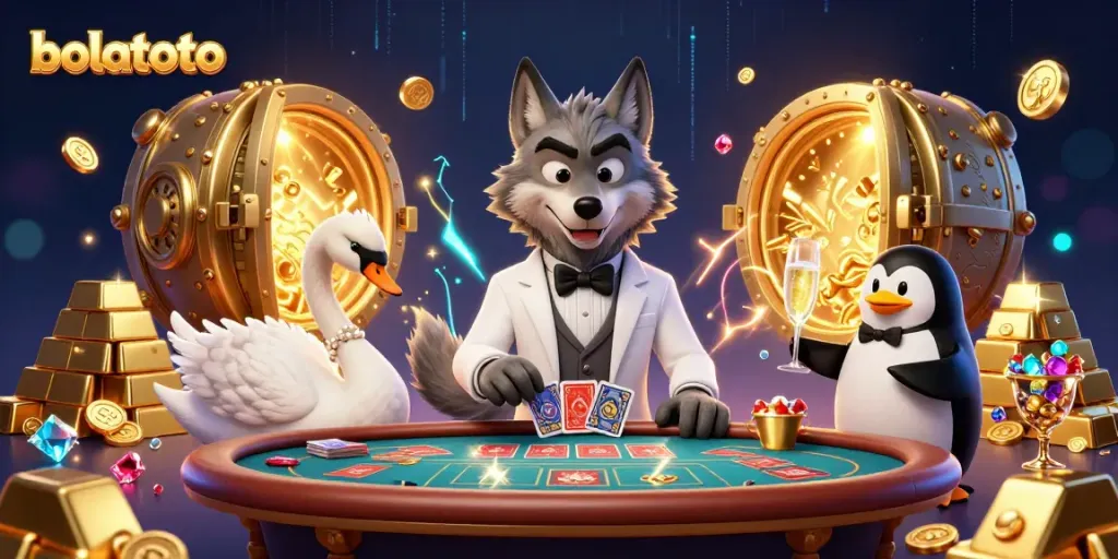 Experience the excitement of bolatoto with a detailed 3D scene featuring a debonair wolf, an elegant swan, and a sophisticated penguin surrounded by dazzling casino treasures.