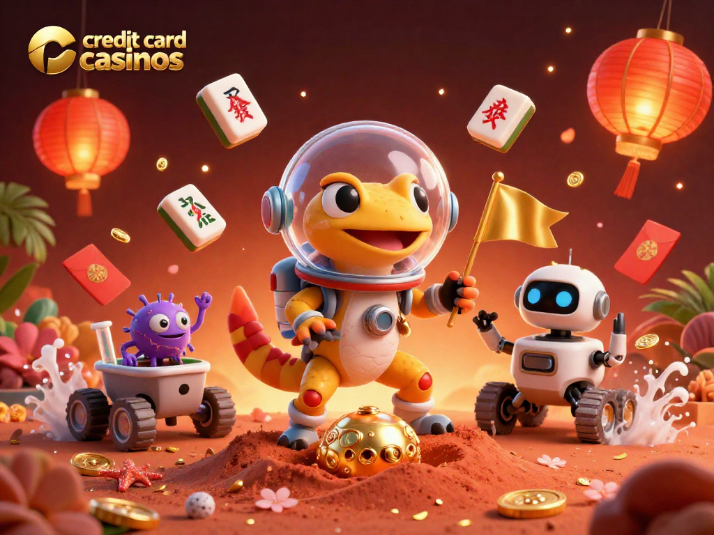 Experience thrilling credit card casinos with a gecko and robot amidst a vibrant Martian casino.