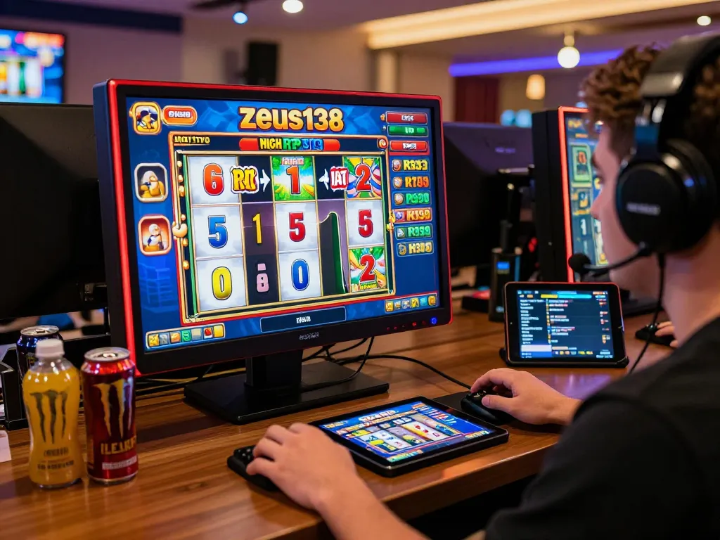 Player enjoying a thrilling game on zeus138 slot platform, surrounded by gaming gadgets.