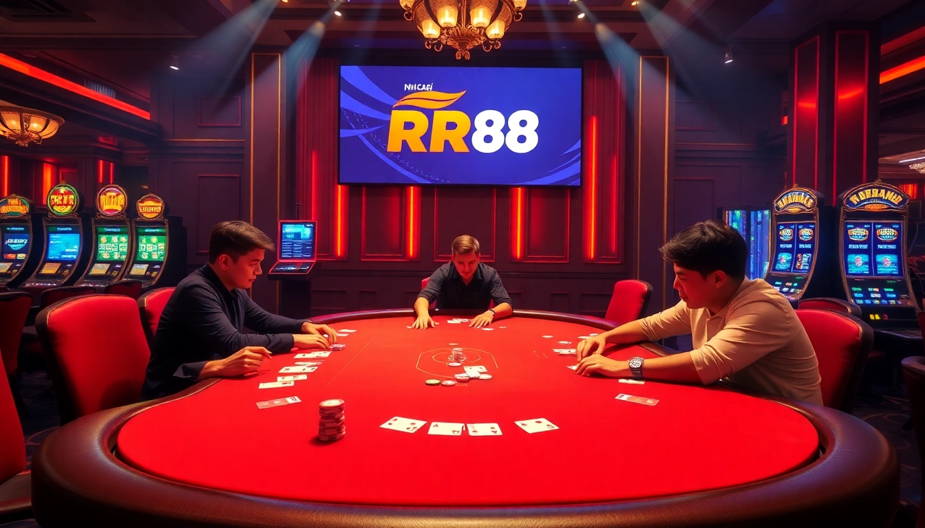 Experience the excitement of Nhà Cái RR88 with our luxurious casino setting featuring poker and slots.