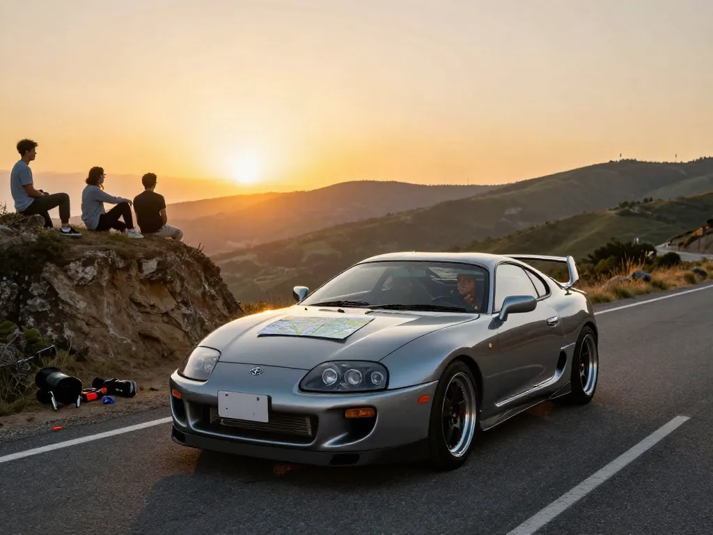 The A80 platform Toyota Supra driving on a scenic road with friends enjoying the landscape.